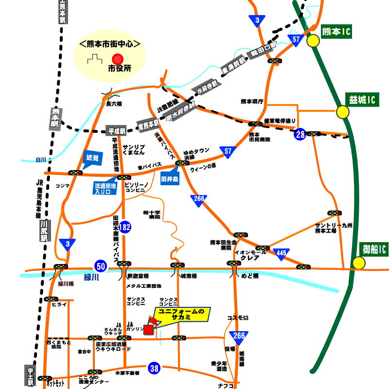 熊本市内・熊本ＩＣ方面からの地図
